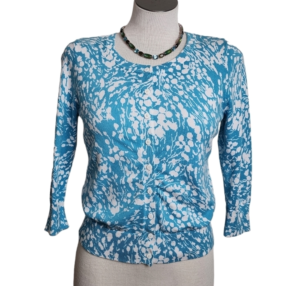 Talbots Teal & White Round Neck Button Quarter Sleeve Women's Cardigan Size SP